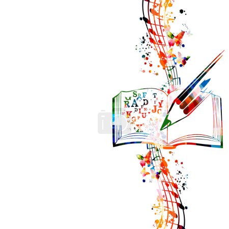 Illustration for Colorful music writing notebook with musical stave and notes isolated. Vibrant musical staff notebook, guide for songwriters, musicians and composers. Lessons and tips for instrumentalists. - Royalty Free Image