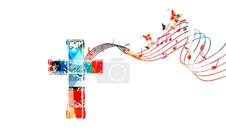 Colorida cruz cristiana vibrante con notas musicales pentagramas aislados. Ilustración vectorial. Religión diseño temático para el cristianismo, el servicio a la iglesia, la comunión y las celebraciones. Iglesia coro fondo