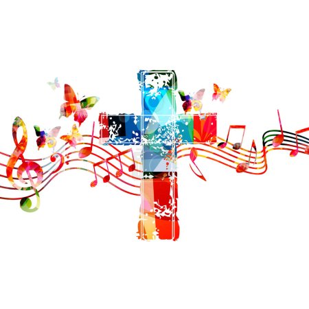 Illustration for Colourful vibrant Christian cross with musical notes stave isolated. Vector illustration. Religion themed design for Christianity, church service, communion and celebrations. Church choir background - Royalty Free Image