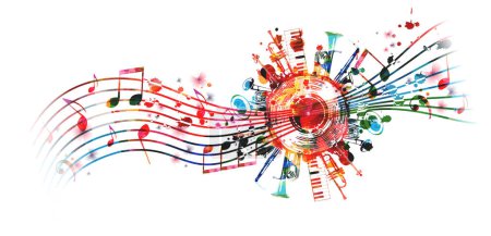 Illustration for Colorful musical promotional poster with musical instruments and notes isolated vector illustration. Artistic playful design with vinyl disc for concert events, music festivals and shows, party flyer - Royalty Free Image