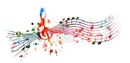 Illustration for Vibrant music background with colorful musical notes and G-clef isolated. Vector illustration. Artistic music festival poster design, live concert events, party flyer, music notes signs and symbols - Royalty Free Image