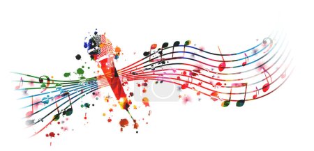 Colorful musical poster with microphone and musical notes. Vector illustration. Live concert events, music festivals and shows background, karaoke party flyer with musical notes and microphone