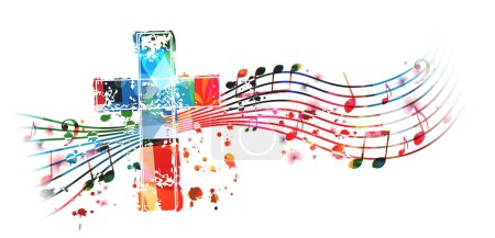 Illustration for Colorful vibrant Christian cross with musical notes stave isolated. Vector illustration. Religion themed design for Christianity, church service, communion and celebrations. Church choir background - Royalty Free Image