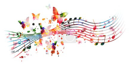 Illustration for Vibrant music background with colorful musical notes and butterflies isolated. Vector illustration. Artistic music festival poster, live concert events, party flyer, music notes signs and symbols - Royalty Free Image