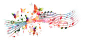 Vibrant music background with colorful musical notes and butterflies isolated. Vector illustration. Artistic music festival poster, live concert events, party flyer, music notes signs and symbols Stickers #625096874