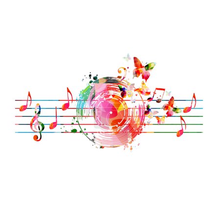 Cartel promocional musical colorido con instrumentos musicales y notas ilustración vectorial aislada. Diseño lúdico artístico con disco de vinilo para eventos de concierto, festivales de música y espectáculos, volante de fiesta