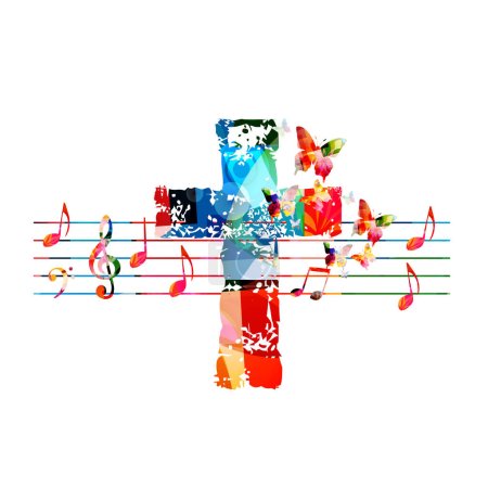 Ilustración de Colorida cruz cristiana vibrante con notas musicales pentagramas aislados. Ilustración vectorial. Religión diseño temático para el cristianismo, el servicio a la iglesia, la comunión y las celebraciones. Iglesia coro fondo - Imagen libre de derechos