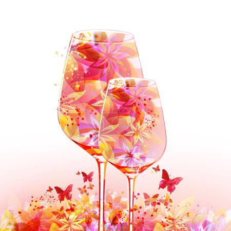 Photo pour Elegant wine glasses  with flowers and notes. Floral aroma wine. Colorful stemware with alcoholic beverage for celebrations and special occasions. Degustation events. - image libre de droit