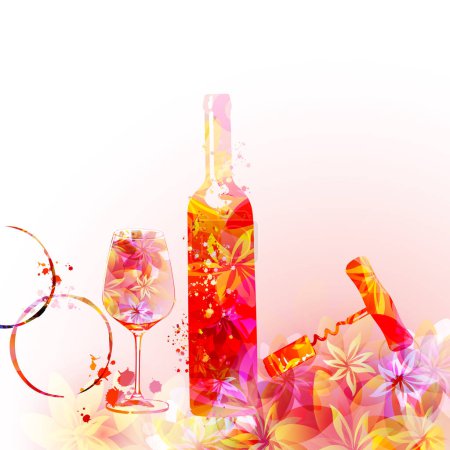 Photo pour Elegant wine glass, corkscrew and bottle with flowers. Floral aroma wine. Colorful stemware with alcoholic beverage for celebrations and special occasions. Degustation events. - image libre de droit