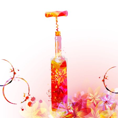 Photo pour Elegant wine bottle with flowers and corkscrew. Floral aroma wine. Colorful stemware with alcoholic beverage for celebrations and special occasions. Degustation events. - image libre de droit