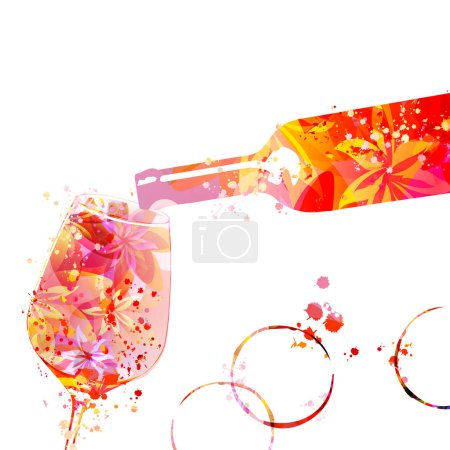 Photo pour Elegant wine glass and bottle with flowers. Floral aroma wine. Colorful stemware with alcoholic beverage for celebrations and special occasions. Degustation events. - image libre de droit