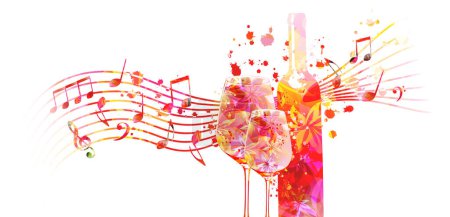 Illustration for Elegant wine glass with flowers. Floral aroma wine in goblet with musical notes. Colorful stemware with alcoholic beverage for celebrations and special occasions. Degustation events. - Royalty Free Image
