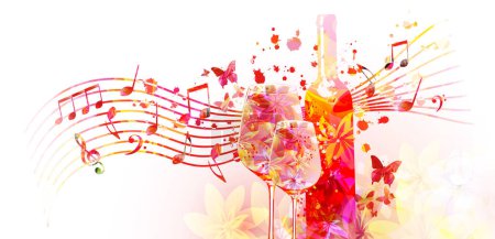 Téléchargez les illustrations : Elegant wine glass with flowers. Floral aroma wine in goblet with musical notes. Colorful stemware with alcoholic beverage for celebrations and special occasions. Degustation events. - en licence libre de droit