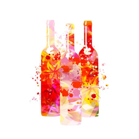 Illustration for Colorful glass bottles with flowers vector illustration. Party flyer, wine tasting event, wine festival, celebrations, restaurant poster. Wine drink design for invitation card, menu, promotion - Royalty Free Image