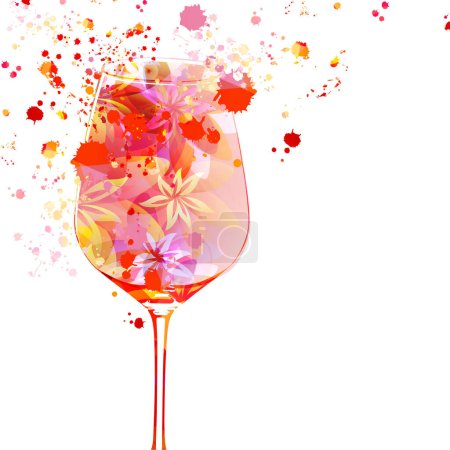 Illustration for Elegant wine glass with flowers. Floral aroma wine in goblet. Colorful stemware with alcoholic beverage for celebrations, special occasions, fairs and degustation events. Vector illustration - Royalty Free Image