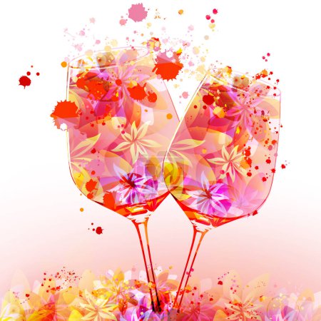 Téléchargez les illustrations : Elegant wine glasses with flowers. Floral aroma wine in goblet. Colorful stemware with alcoholic beverage for celebrations, special occasions, fairs and degustation events. Vector illustration - en licence libre de droit