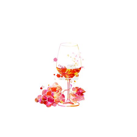 Téléchargez les illustrations : Beautiful wine glass with grapes and grapevine leaf. Colorful goblet with alcoholic beverage. Glogg liquor for celebrations, special occasions. Vino fairs and degustation events. Vector illustration - en licence libre de droit
