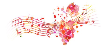 Ilustración de Personal de uvas, vid y notas musicales en color rosa, fondo de ilustración vectorial aislado. Elaboración de vino, diseño de ferias de vino - Imagen libre de derechos