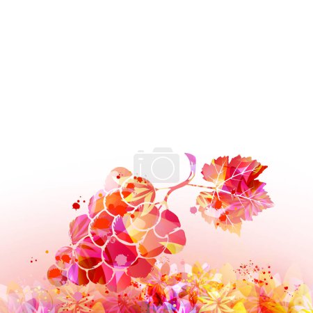 Ilustración de Grapes, grapevine leaf and floral background in pink color. Vector illustration. Wine making, vino fairs design - Imagen libre de derechos