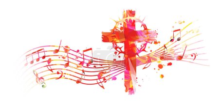 Christian cross with Crown of Thorns and musical notes stave isolated. Vector illustration. Religion themed design for Christianity and church service. Church choir background. Sacrifice concept