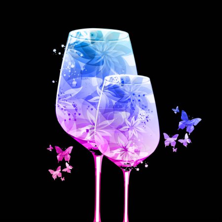 Téléchargez les illustrations : Elegant wine glasses with flowers. Floral aroma wine in goblet. Colorful stemware with alcoholic beverage for celebrations, special occasions, fairs and degustation events. Vector illustration - en licence libre de droit