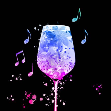 Illustration for Elegant wine glass with flowers and musical notes. Floral aroma wine in goblet. Colorful stemware with alcoholic beverage for celebrations, special occasions and degustation events. Vector - Royalty Free Image