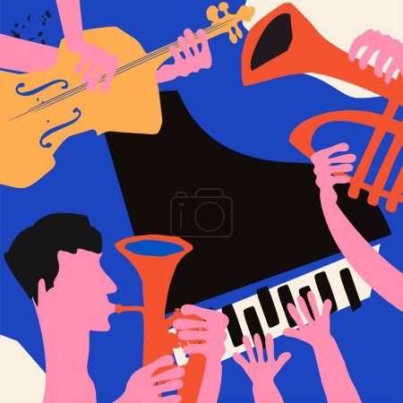Illustration for Jazz music poster for band performance. Colorful musical instruments background. Live concert events, music festivals and shows invitation design. Night club party flyer. Vector illustration - Royalty Free Image