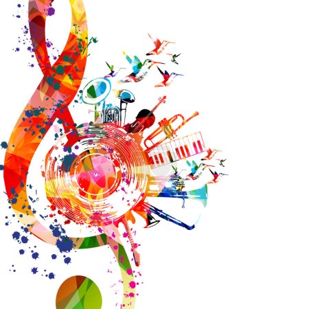 Téléchargez les illustrations : Affiche musicale avec clef aigu, notes de musique, instruments de musique et goélands illustration vectorielle isolée - en licence libre de droit