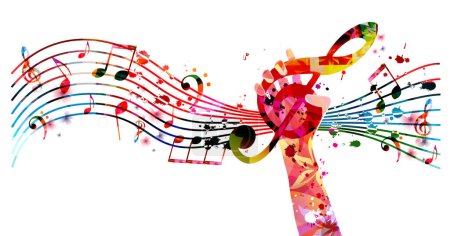 Buntes Musikplakat mit G-Schlüssel und Musikinstrumenten als Vektorillustration. Spielerischer Hintergrund für Live-Konzerte, Musikfestivals und Shows, Partyflyer