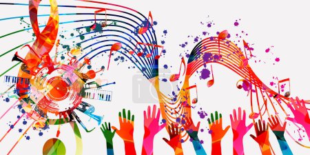 Cartel musical colorido con G-clef e ilustración vectorial de instrumentos musicales. Fondo lúdico para eventos de conciertos en vivo, festivales de música y espectáculos, volante de fiesta
