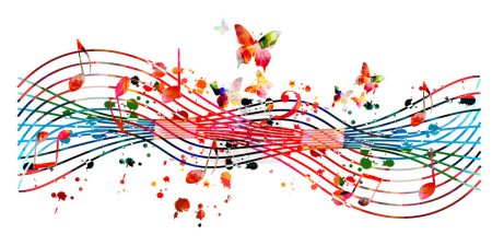 Ilustración de Cartel musical colorido con notas e ilustración vectorial de mariposas. Fondo lúdico para eventos de conciertos en vivo, festivales de música y espectáculos, volante de fiesta - Imagen libre de derechos