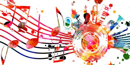 Cartel musical colorido con notas e instrumentos musicales ilustración vectorial. Fondo lúdico para eventos de conciertos en vivo, festivales de música y espectáculos, volante de fiesta    