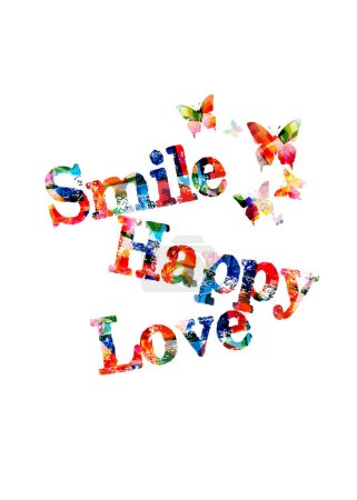 Ilustración de Sonrisa, feliz y amor inscripción colorida con mariposas - Imagen libre de derechos