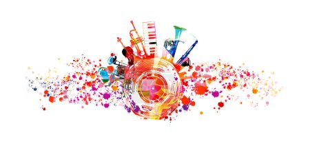Illustration for Colorful creative musical poster. Musical instruments and blots isolated vector illustration. Abstract playful design with vinyl disc for concert events, music festivals and shows. Party flyer - Royalty Free Image