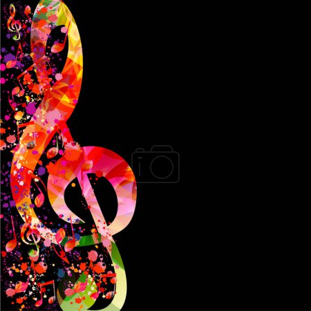 Affiche musicale avec des notes musicales colorées et G-clef sur fond noir. Illustration vectorielle. Conception abstraite pour festival de musique, concerts en direct, flyer de fête. Notes de musique signes et symboles