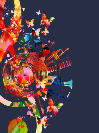Cartel musical colorido con G-clef, disco de vinilo LP e ilustración vectorial de instrumentos musicales. Fondo lúdico para eventos de conciertos en vivo, festivales de música y espectáculos, volante de fiesta