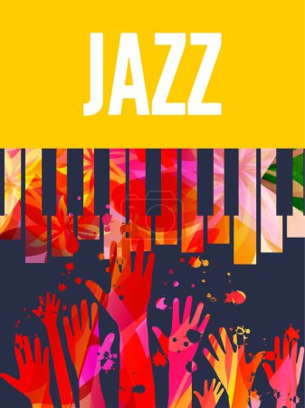 Illustration for Jazz music background with colorful piano keys vector illustration. Artistic music festival poster, live concert, creative banner design with piano keyboard and word jazz - Royalty Free Image