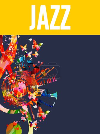 Illustration for Colorful musical poster with G-clef and musical instruments vector illustration. Playful background for live concert events, music festivals and shows, party flyer with word jazz - Royalty Free Image