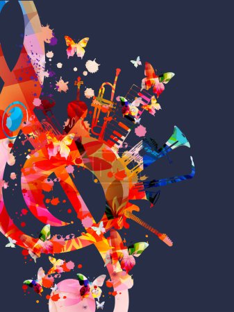 Ilustración de Cartel musical colorido con G-clef e ilustración vectorial de instrumentos musicales. Fondo lúdico para eventos de conciertos en vivo, festivales de música y espectáculos, volante de fiesta - Imagen libre de derechos