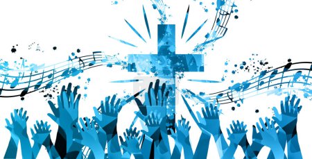 Ilustración de Manos humanas con cruz en color azul, fondo para la música evento religioso - Imagen libre de derechos
