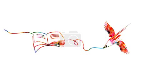 Téléchargez les illustrations : Crayon coloré avec ailes et illustration vectorielle de livre. Conception pour l'écriture créative et la création, la narration, le blogging, l'éducation, la couverture de livre, la rédaction de contenu d'article et de site Web, la rédaction - en licence libre de droit