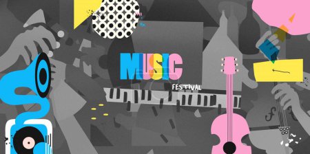 Illustration for Multicolored hand-drawn jazz music session poster with piano, sax, guitar, trumpet and violoncello. Artsy promo flyer or invitation. Colorful concert event doodle background with musical instruments - Royalty Free Image
