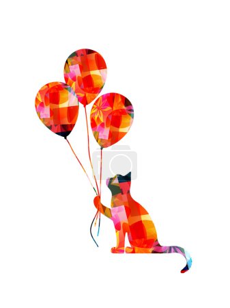 Téléchargez les illustrations : Mignon chat tenant des ballons. Illustration vectorielle - en licence libre de droit