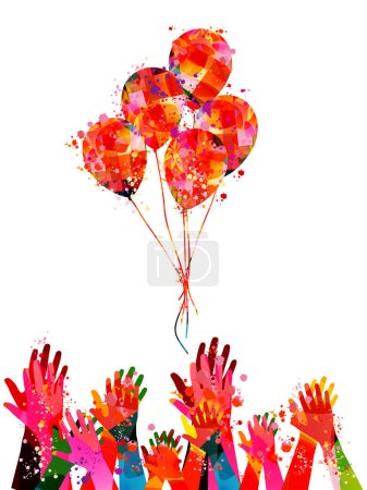 Téléchargez les illustrations : Bouquet coloré de ballons d'anniversaire volant pour la fête et les célébrations et applaudissements des mains humaines donnant l'ovation, salutations - en licence libre de droit