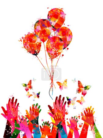 Téléchargez les illustrations : Bouquet coloré de ballons d'anniversaire volant pour la fête et les célébrations et applaudissements des mains humaines donnant l'ovation, salutations - en licence libre de droit