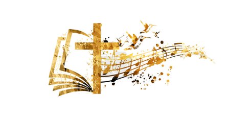 Golden christian cross with music notes isolated vector illustration. Religion themed background. Design for gospel church music, choir singing, concert, festival, Christianity, prayer