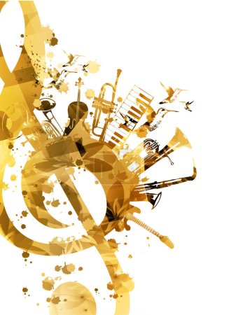 Illustration for Golden musical promotional poster with musical instruments and notes isolated vector illustration. Artistic abstract design with vinyl disc for concert events, music festivals and shows, party flyer - Royalty Free Image