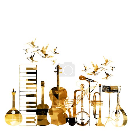 Illustration for Golden music instruments background with hummingbirds. - Royalty Free Image