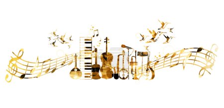 Illustration for Goldenl music instruments background with hummingbirds. - Royalty Free Image