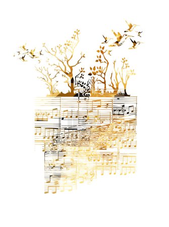 Téléchargez les illustrations : Fond musical coloré avec notes de musique et colibris - en licence libre de droit